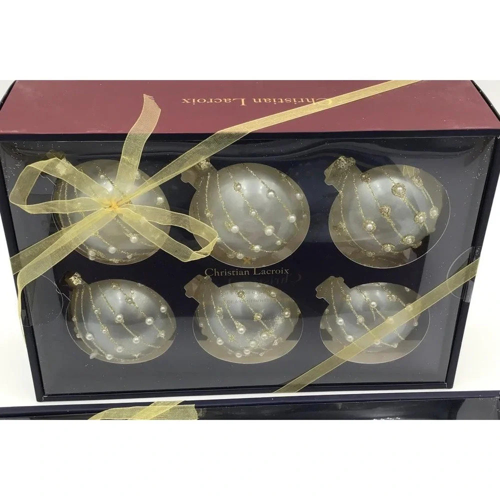 Christian Lacroix Set of 12 Glass Christmas Ornaments Frosted White Gold Pearl
